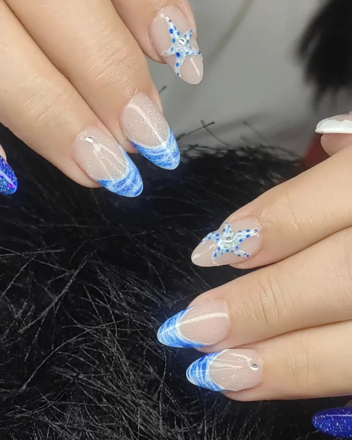 French bleue pailletée avec étoiles de mer en relief
